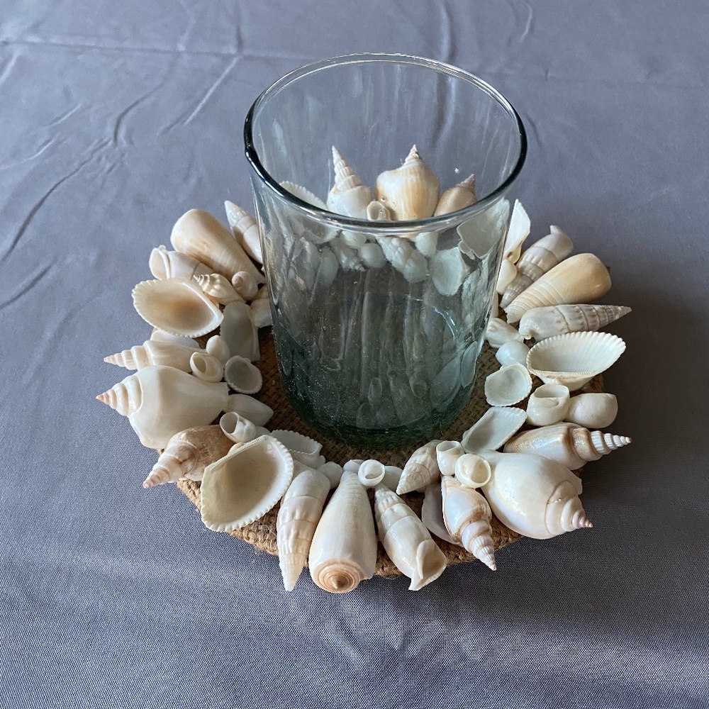 Sea Shell Candle Holder blue tan beach ocean decor vase clear glass seaside